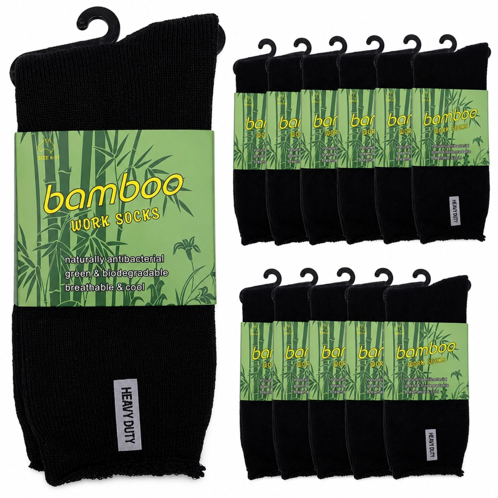 12 Pairs Bamboo Rich Mens Work Socks Thick Cushion Anti Odour - Black